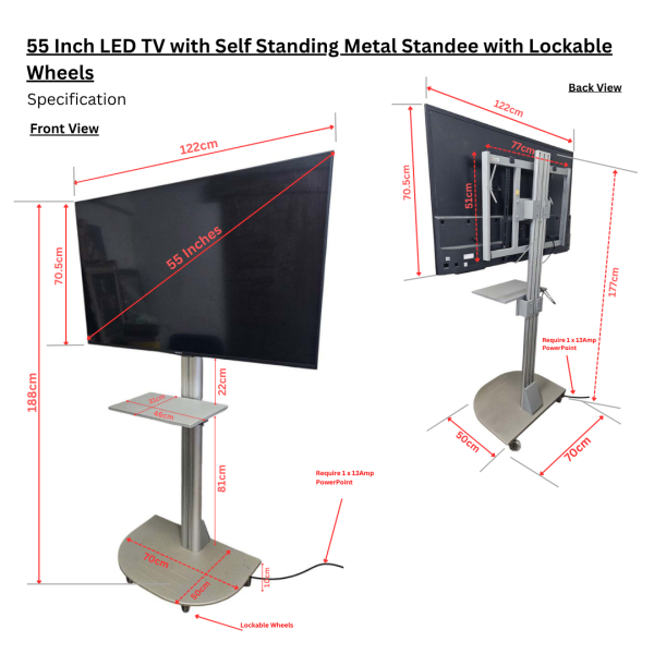 55 Inch LED TV with Self Standing Metal Standee with Lockable Wheels Set / Options ( F1 Simulation, World Cup, Online Gaming , Live Screening, Wedding Flashback, Demo/ Presentation )