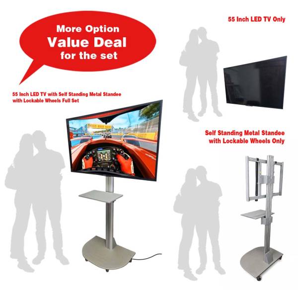 55 Inch LED TV with Self Standing Metal Standee with Lockable Wheels Set / Options ( F1 Simulation, World Cup, Online Gaming , Live Screening, Wedding Flashback, Demo/ Presentation )
