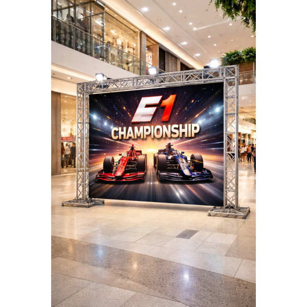 Aluminium Truss with PVC Banner Backdrop Print Options ( Space Backdrop, F1 Racing track, Silver, Racing Metal, Entrance/ Arch , Small. Medium & Large Arch  )
