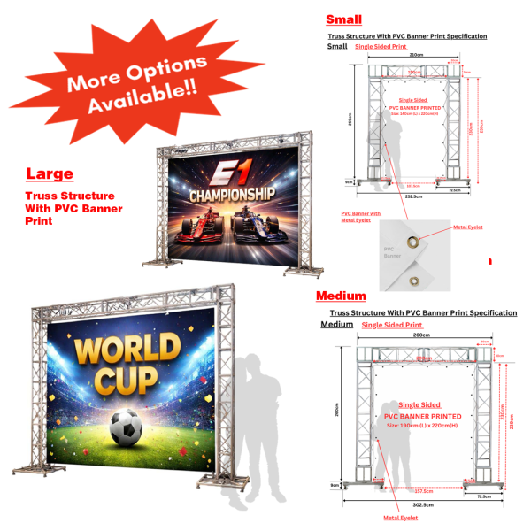 Aluminium Truss with PVC Banner Backdrop Print Options ( Space Backdrop, F1 Racing track, Silver, Racing Metal, Entrance/ Arch , Small. Medium & Large Arch  )