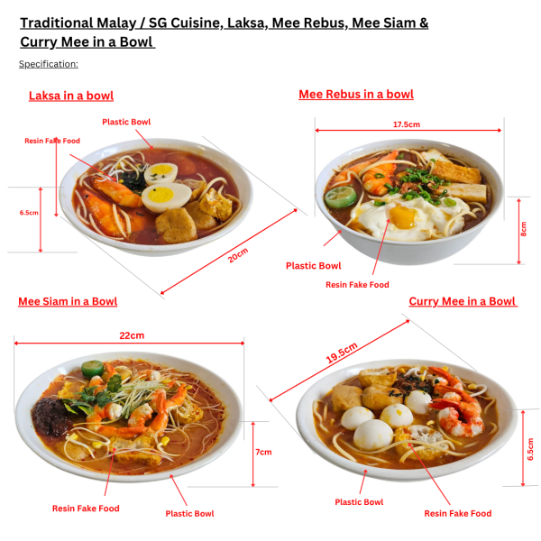 Asian Fake Food Malay/ SG Cuisine Mee Siam, Mee Rebus, Laksa, Curry Mee & Assorted Mixed Sour / Spicy Soup Set Options ( Heritage Hawker Dessert, Malay, Peranakan, Traditional Street Food, Kampong Memories )