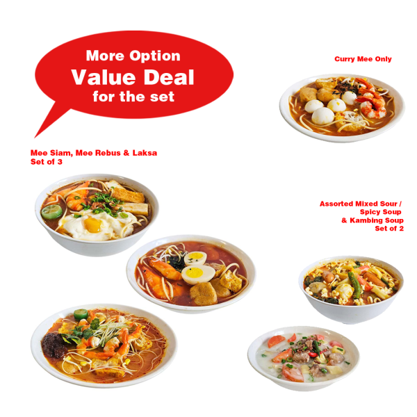 Asian Fake Food Malay/ SG Cuisine Mee Siam, Mee Rebus, Laksa, Curry Mee & Assorted Mixed Sour / Spicy Soup Set Options ( Heritage Hawker Dessert, Malay, Peranakan, Traditional Street Food, Kampong Memories )