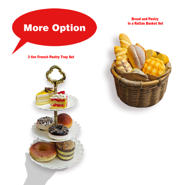 Assorted Artificial Bread and Pastry in a  Rattan Basket & 3 tier French Pastry Tray ( Sweet Dessert, European Tea Time, Gourmet Toast, Garden Wonderland Theme, Princess Party, Fake Food Props, Cakes Display )