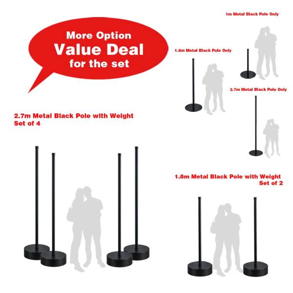 Generic Metal Black Pole with/ without Weight, Short, Medium & Tall Options / Sets ( Backdrop Pole, Barricade Pole, Quene Pole, Flag Banner Pole, Netting Pole )