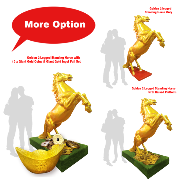 Golden 2 Legged Standing Horse with Gold Coin, Giant Ingot & Raised Platform Full Set (12 Zodiac, Year of the Horse, Chinese New Year, Golden Horse Award, China, Scuplture Display, Shanghai Tang)