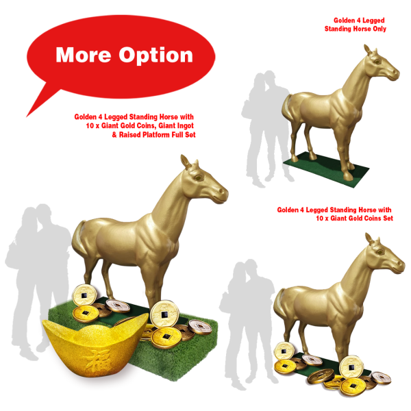 Golden 4 Legged Standing Horse with Gold Coin & Raised Platform ( 12 Zodiac, Year of the Horse, Chinese New Year, Golden Horse Award, China, Scuplture Display, Shanghai Tang )
