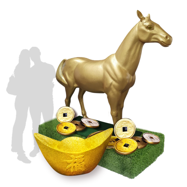 Golden 4 Legged Standing Horse with Gold Coin & Raised Platform ( 12 Zodiac, Year of the Horse, Chinese New Year, Golden Horse Award, China, Scuplture Display, Shanghai Tang )