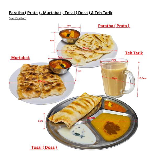 Indian Food Cuisine Paratha ( Prata ) , Murtabak,  Tosai ( Dosa ) & Teh Tarik Asian Fake Food Satay Set ( Heritage Hawker Dish, Indian Street Food, Kampong Memories,  Diwali, Deepavali)