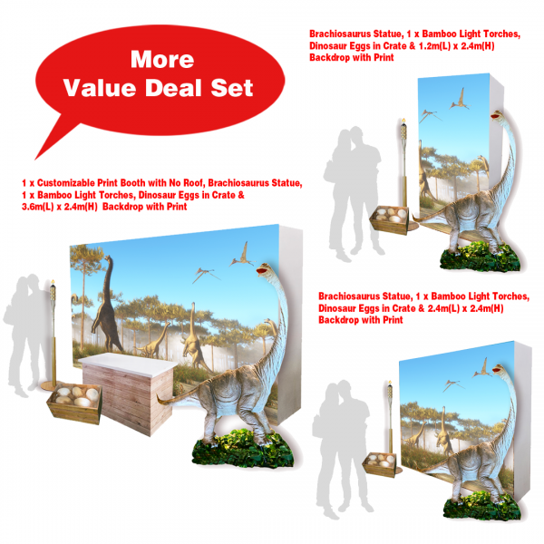 Jurassic Dino Backdrop with Booth, Bamboo Light Torches, Dinosaur Eggs in Crate and Brachiosaurus Statue ( Customizable Print Booth, Giant Statue, Replica, Birthday Party, Reception )