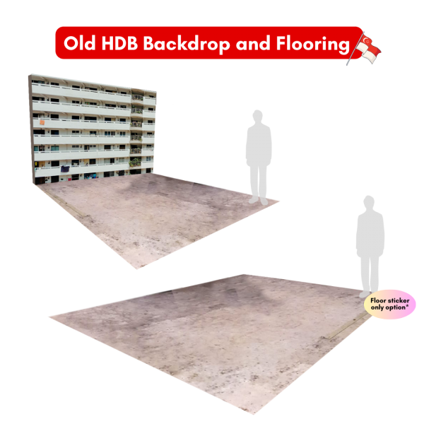 Old HDB Backdrop and Flooring Set ( National Day / NDP / PVC Banner Print / Matt Laminate Vinyl Sticker / SG Heritage , Photo Op Set , 50s / 60s  / 70s / 80s , Vintage / Classic / Old / Retro )