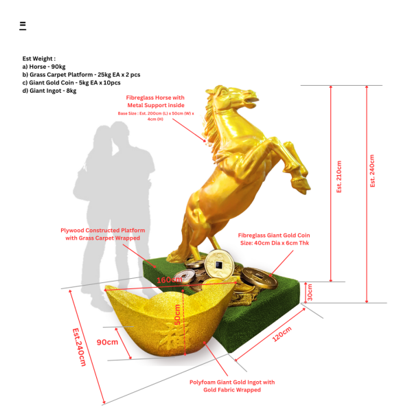 Oriental Lantern Pole with Lightbox & Gold Horse Display ( Weighted Base, D&D, Gala, Chinese New Year, CNY, Mooncake Festival, Mandarin Shanghai Tang, Red and Gold, Display Signage Stand, Greeting Sign)