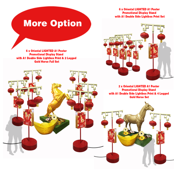 Oriental Lantern Pole with Lightbox & Gold Horse Display ( Weighted Base, D&D, Gala, Chinese New Year, CNY, Mooncake Festival, Mandarin Shanghai Tang, Red and Gold, Display Signage Stand, Greeting Sign)
