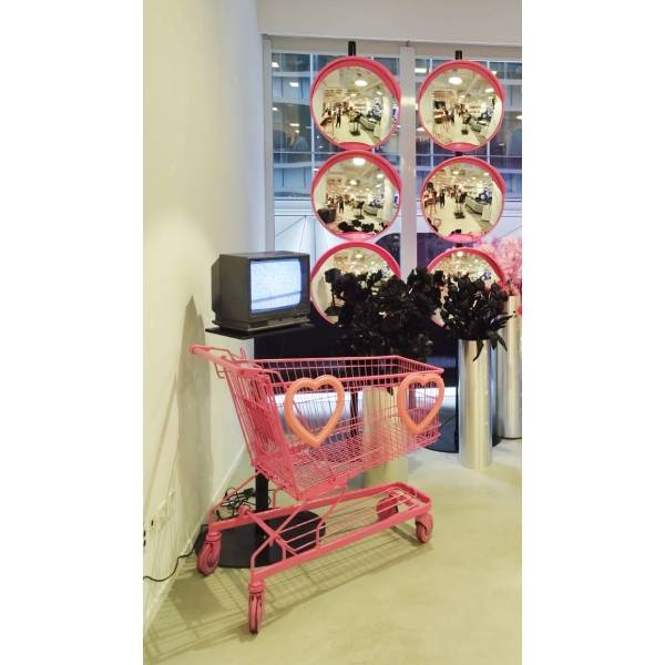 Pink Supermarket Trolleys ( Pushable, Movable Carts, Black Pink, MTV Music Display, Photo Opt Display)