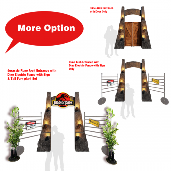 Rune Arch with Fencing, Tall Fern Plants and Custom Event Signage ( Dinosaur / TRex / Wildlife Adventure Arch / Jurassic Entrance Arch / Giant / Huge / Big / Boulders / Rocks / Divider / Electric Barricade )