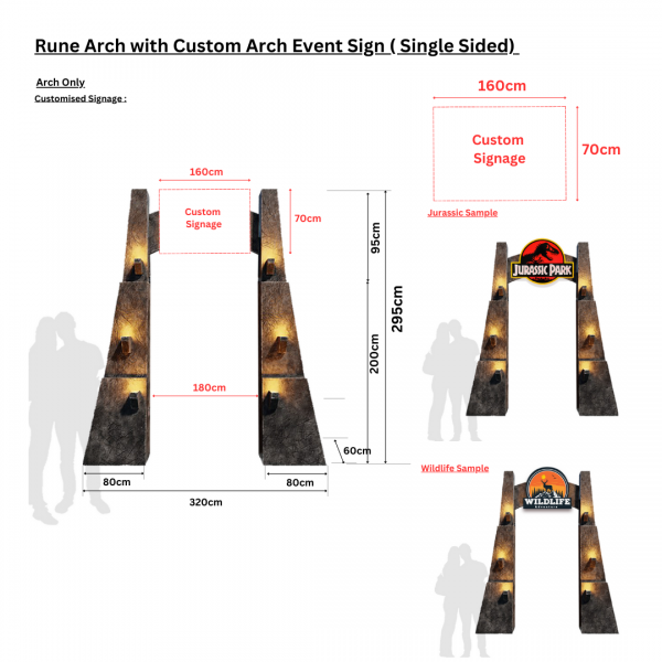 Rune Arch with Fencing, Tall Fern Plants and Custom Event Signage ( Dinosaur / TRex / Wildlife Adventure Arch / Jurassic Entrance Arch / Giant / Huge / Big / Boulders / Rocks / Divider / Electric Barricade )
