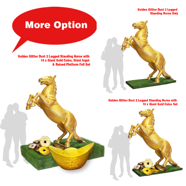 Gold GLITTER DUSTED 2 Legged Standing Horse with Gold Coin, Giant Ingot and Raised Platform ( 12 Zodiac, Year of the Horse, Chinese New Year, Golden Horse Award, China, Scuplture Display, Shanghai Tang )