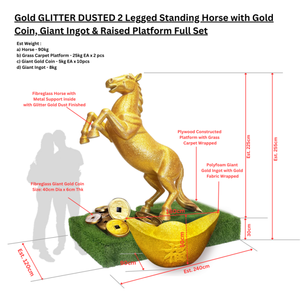 Gold GLITTER DUSTED 2 Legged Standing Horse with Gold Coin, Giant Ingot and Raised Platform ( 12 Zodiac, Year of the Horse, Chinese New Year, Golden Horse Award, China, Scuplture Display, Shanghai Tang )