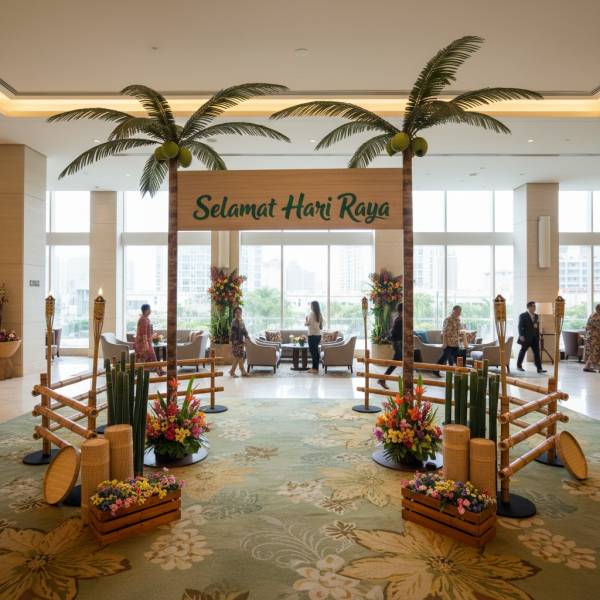 Hari Raya Signage Coconut Tree Arch, Bamboo Barrier with Bamboo Light Torches, Carrying Pole Crates  & Stools  (Kampung theme Decor, Hari Raya, Food Stall,  Activity Counter, SG Heritage, National Day, Throwback Olden Days, Beach, Summer)