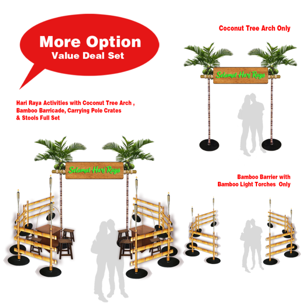 Hari Raya Signage Coconut Tree Arch, Bamboo Barrier with Bamboo Light Torches, Carrying Pole Crates  & Stools  (Kampung theme Decor, Hari Raya, Food Stall,  Activity Counter, SG Heritage, National Day, Throwback Olden Days, Beach, Summer)
