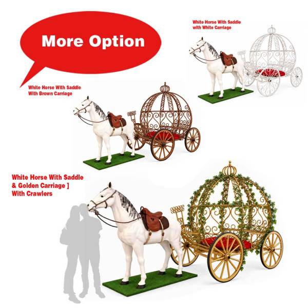 Horse with Saddle & Carriage Set White, Gold & Brown Options ( Royal, Princess, Cinderella, Fantasy Wedding Horse Carriage )