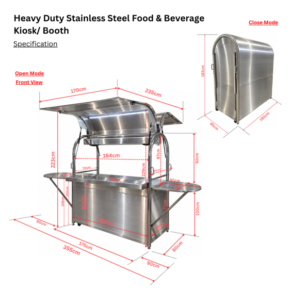 Heavy Duty F&B Stainless Steel Kiosk/ Booth  with Giant Umbrella, 4 x Vintage Wooden High Stool  & 1 x Wooden Easel Stand with Single-sided Kapaline Print  Full Set ( Street Food, Moblie Cafe, Outdoor Alfresco dining, Hi Tech Modern push cart )