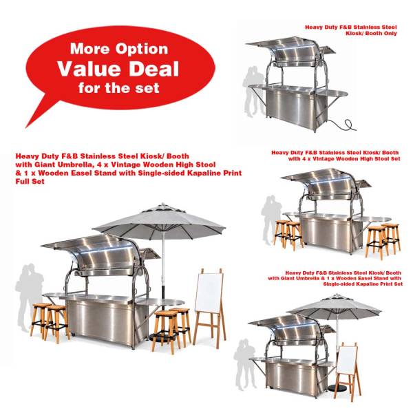 Heavy Duty F&B Stainless Steel Kiosk/ Booth  with Giant Umbrella, 4 x Vintage Wooden High Stool  & 1 x Wooden Easel Stand with Single-sided Kapaline Print  Full Set ( Street Food, Moblie Cafe, Outdoor Alfresco dining, Hi Tech Modern push cart )