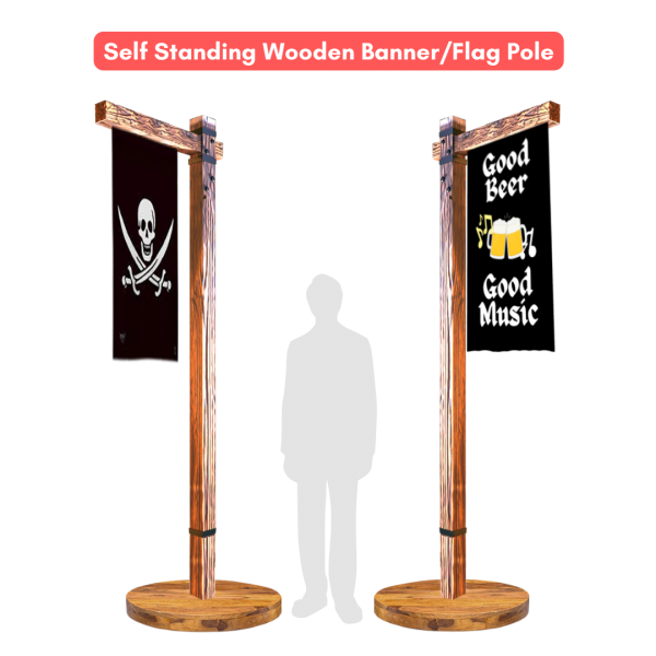 Wooden Pole with Flag ( Self Standing / Signage / Banner / Flag Pole / Flag Post / Garden / Whimsical / Barn / Farm / Pirate / Nautical )